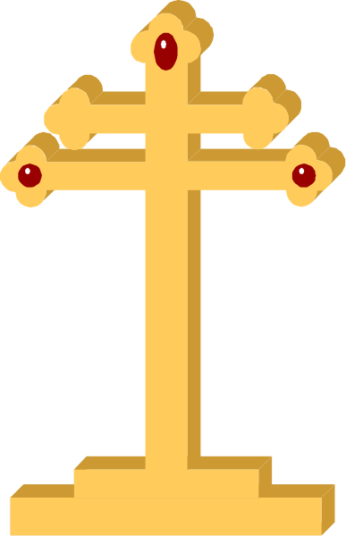 The image shows a pixelated cross with red jewels on it against a dark background.