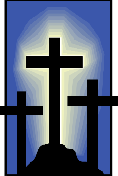 The image shows a stylized depiction of an outdoor cross with rays emanating from it against a dark background that suggests nighttime.