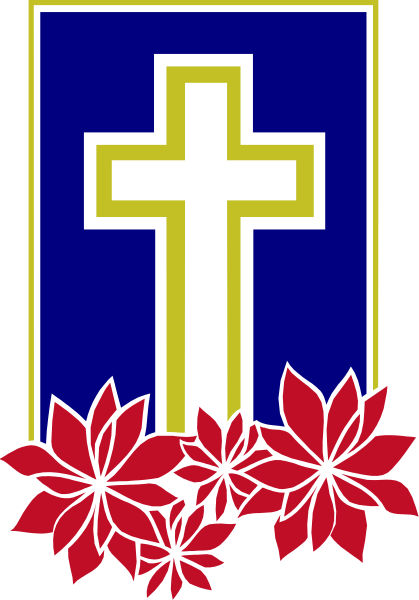 The image features a cross with red maple leaves at its base on either side of it against a blue background.