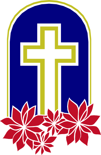 The image shows a stylized graphic of an open cross with red maple leaves at its base on either side.