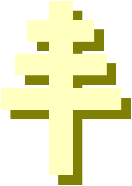 The pixelated image shows a cross with an evergreen tree on top of it against a dark background.