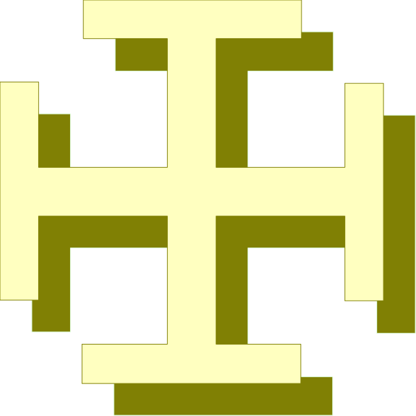 The image shows a pixelated graphic of an interlocking cross with four arms forming a square shape against a black background.
