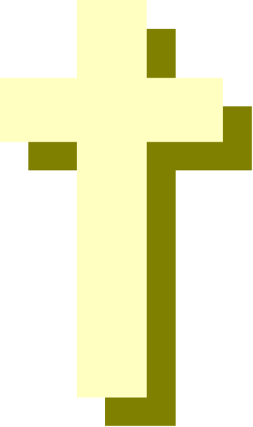 The pixelated image shows a cross with an outline of a person standing next to it on what appears to be a dark background.