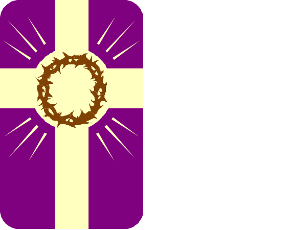 The image shows two purple crosses with a sunburst background on either side of what appears to be an Easter egg in between them against a gray backdrop.