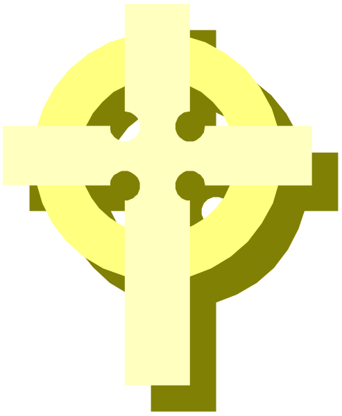 The image shows a pixelated cross with an intertwined design on it against a black background.