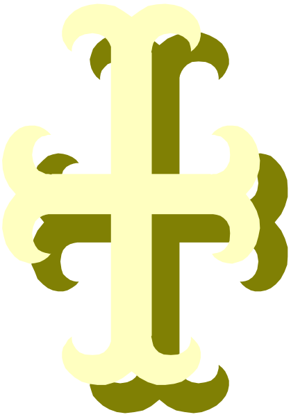 The image shows a cross with an intricate design on it against a striped background.