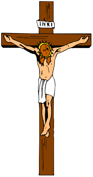 The image shows a cartoon depiction of Jesus Christ on a cross with his arms outstretched against a dark background; there is no other significant detail in this small clip-art version.