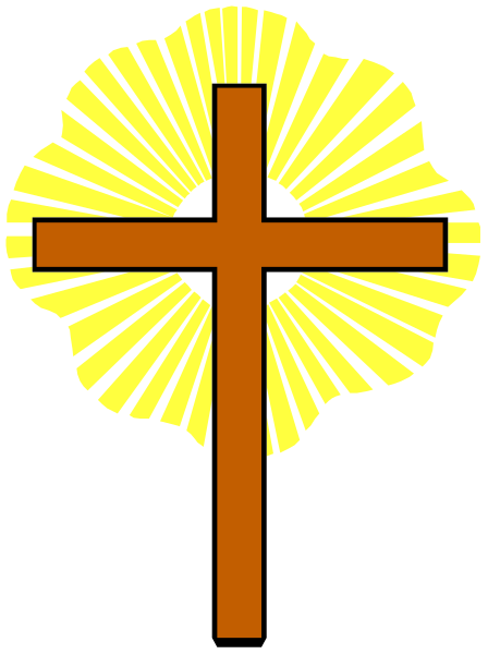 The image shows a stylized cross with rays emanating from it against an orange background on top of what appears to be a tree silhouette in black coloring within a white border frame.