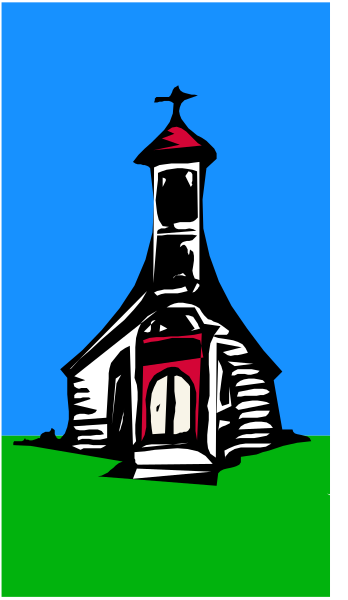 The image shows a stylized drawing of an old church with a cross on top set against a blue sky background.