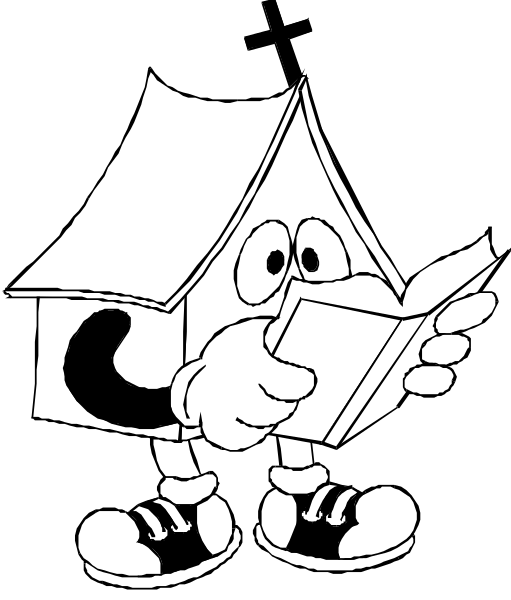 The black and white cartoon shows a house with an open book peeking out from its roof being read by someone who appears to be standing outside it in front of another closed umbrella-like object that is also reading, suggesting anthropomorphism for both items as if they are characters engaged in the act of reading.