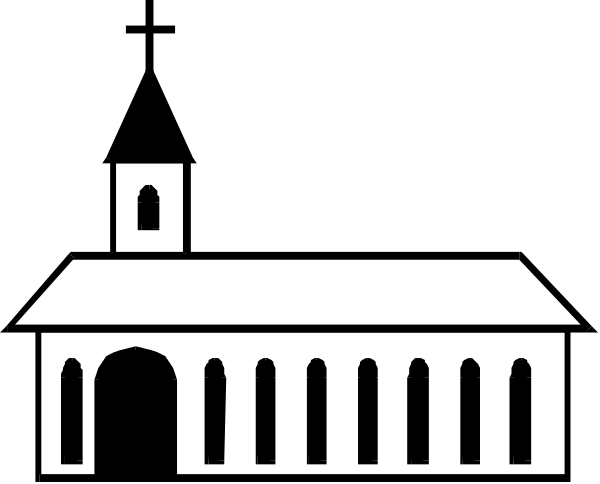 The black and white logo of a church with an attached building on its side.