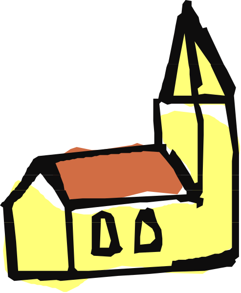 The image shows a simple line drawing of an old church with two windows on its front facade under what appears to be night sky background.