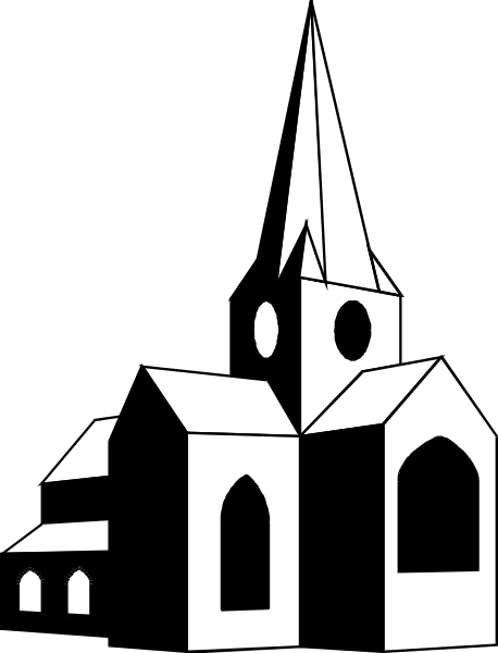 The black and white silhouette of a church with two towers against an evening sky background.