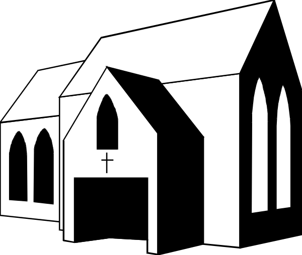 The black and white silhouette of a church with an attached rectangular building next to it under what appears to be night sky conditions.