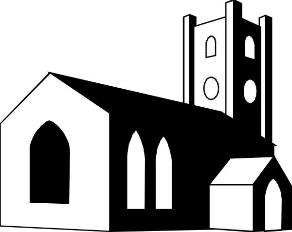 The black and white silhouette of a church with steeples next to houses on what appears to be an urban street scene at nighttime.