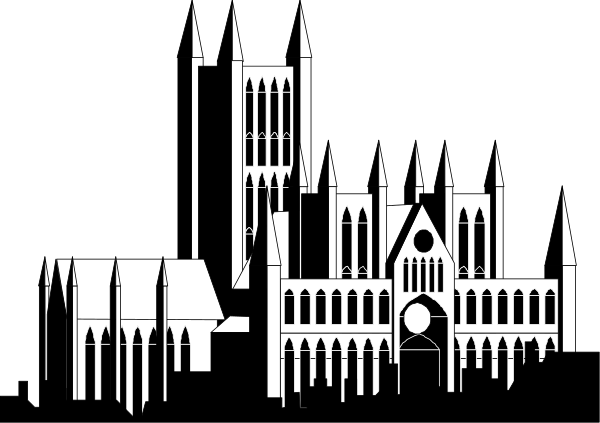 The black and white silhouette of a castle with towers against an open sky background.