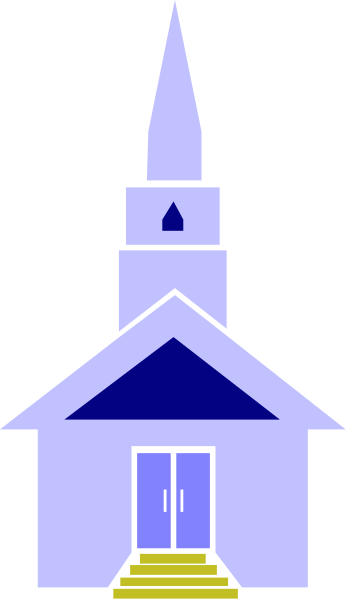 The image shows a stylized representation of an old church with two doors on either side at nighttime against a dark background.