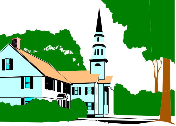 The image shows a black and white illustration of two houses with steep roofs under an overcast sky next to each other in what appears to be a rural area during daylight hours.