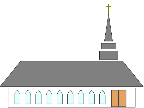 The black and white pixelated church with a cross on top of it at nighttime.