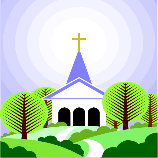 The image shows a church with two different backgrounds: on top, it's daytime; below that is night-time.