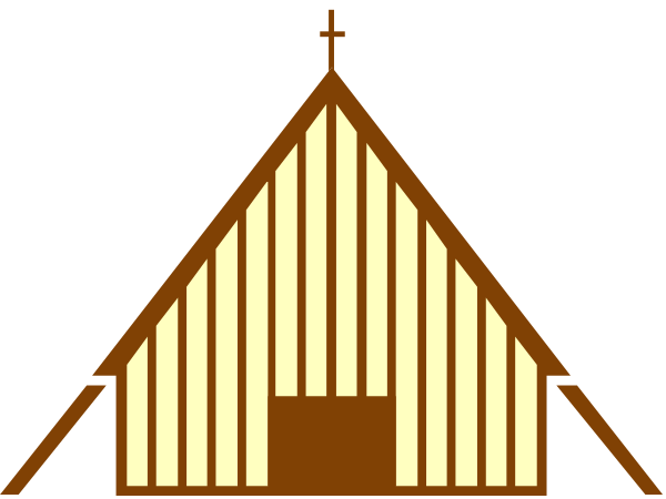 The image shows a simple black and white illustration of an old church with two visible windows on its facade under what appears to be sunlight filtering through them onto the interior structure that resembles wooden planks, suggesting it might represent pews inside.