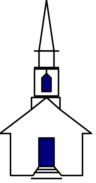 The image shows a simple black and white graphic of two church buildings side by side with steeples on top against a dark background.