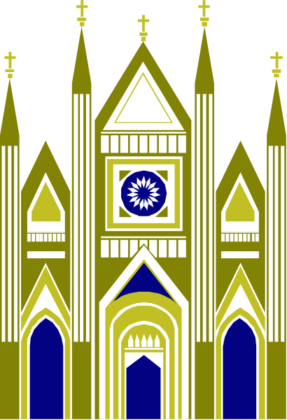 The image shows a stylized illustration of an old church with two towers featuring clocks on their sides; it is depicted in black-and-white line drawing form against a gray background.