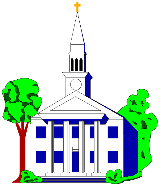 The image shows a black and white illustration of an old church with a steeple topped by a cross on top of it in front of which is a tree.