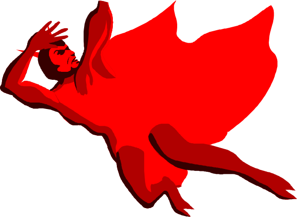 The image shows a red silhouette of an angel falling from a black background with wings spread out behind it.