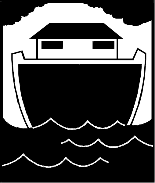 The black and white illustration shows a ship with waves around it on water against an ocean background.