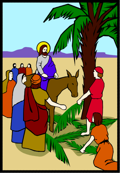 The illustration depicts a group of individuals gathered around an animal that appears to be a donkey with Jesus riding it in front of palm trees under what seems like desert-like conditions; there is also another figure standing near them, possibly representing Mary Magdalene or similar biblical character based on the attire.