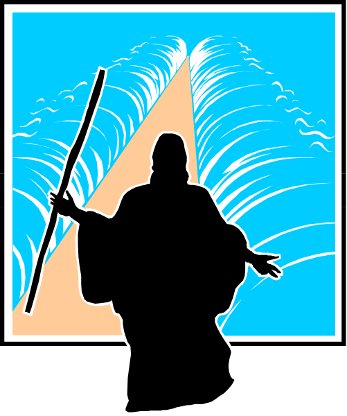 The image shows a stylized depiction of an ancient figure standing on waves with outstretched arms against a blue sky background; there is no text present in this clip-art illustration.