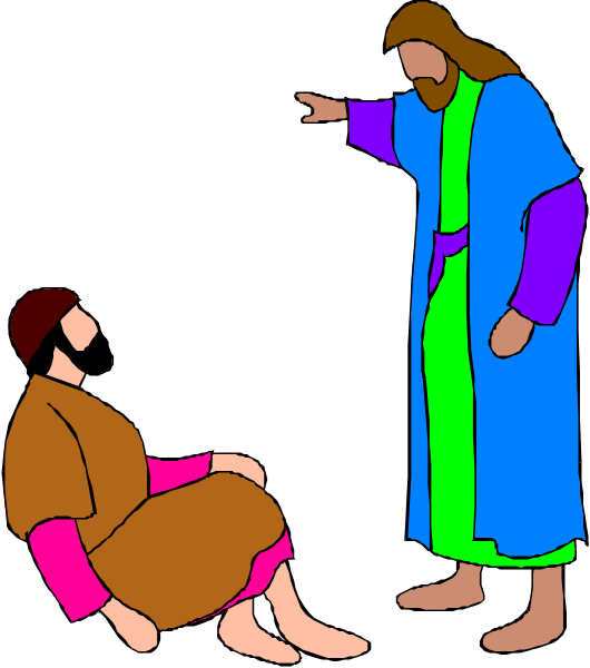 The illustration depicts a scene with two figures: an older man sitting on his knees pointing upwards towards another figure standing behind him who is gesturing downward as if speaking to someone off-frame. Both characters appear to be dressed in traditional religious attire, suggesting they might represent biblical or historical figures such as Jesus and the apostle Peter. The setting seems simple with a plain background that does not provide any additional context about their location.