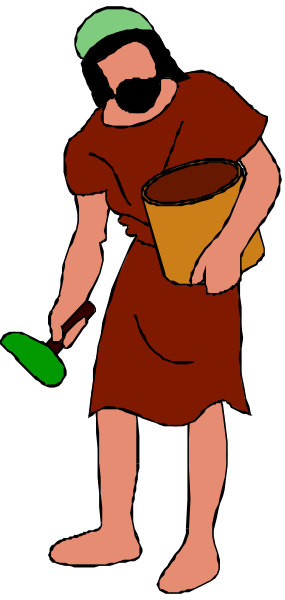 The cartoon depicts a man with facial hair holding two buckets; he is wearing an apron over his clothes which appear to be brown in color.