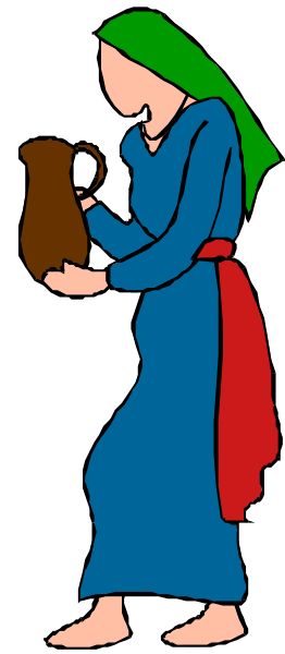 The image shows a cartoon of an old woman with green hair holding what appears to be a basket on her head while standing in front of another figure that is partially visible; both figures seem to have red clothing, and there's no text present within this small clip-art illustration.
