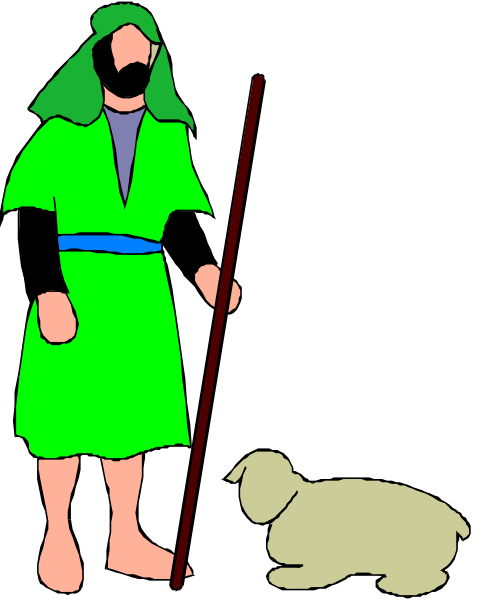 The illustration depicts a man dressed as an old shepherd with blue clothing around his waist standing next to a sheepdog on what appears to be a farmland background.