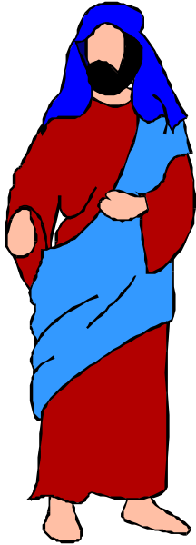 The image shows a cartoon of Jesus Christ with long hair standing against a gray background; he is depicted holding what appears to be bread in his hands while wearing blue robes.