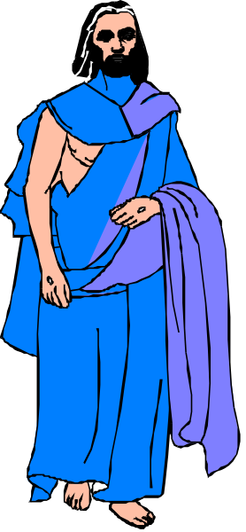 The image shows a cartoon of an Indian man with long hair wearing traditional attire standing next to blue fabric draped over his shoulder; he is holding what appears to be a staff in one hand while gesturing towards it, and has a beard on face.