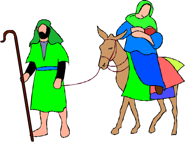 The image depicts a cartoon of two figures riding on an animal; both characters appear to be dressed as shepherds with staffs in hand, suggesting biblical context.