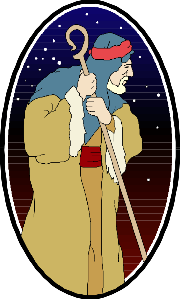 The illustration depicts a cartoon of an elderly man with white hair wearing glasses, holding a staff topped by what appears to be a lantern, standing in front of a starry sky at night under a crescent moon and surrounded by clouds; he is dressed as Santa Claus.