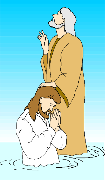 The illustration depicts two figures: a man with his arms raised to heaven while standing on land next to another figure who is kneeling in water, both appear religious given their attire; there's no text present and it seems like an artistic representation of faith or prayer scene rather than real-life scenario.