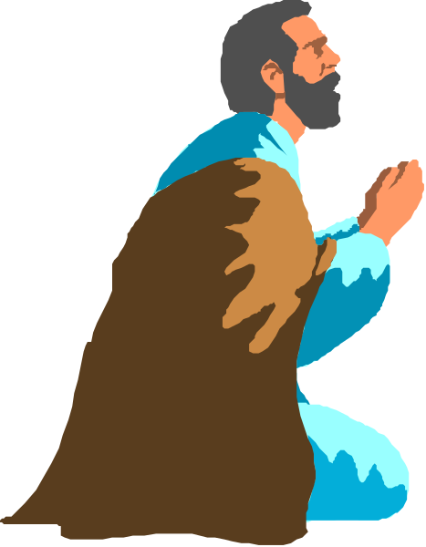 The image shows a cartoon of an old man with long beard sitting on his knees while praying to God. He is wearing traditional clothing that resembles Native American attire.
