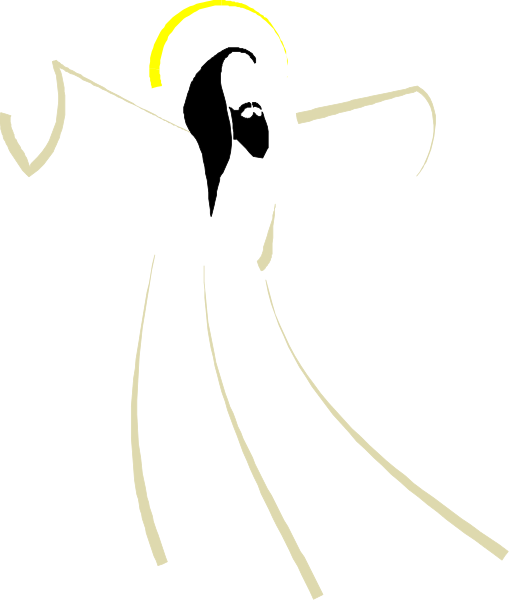 The black and white illustration shows a cartoon angel with wings flying against an empty background.
