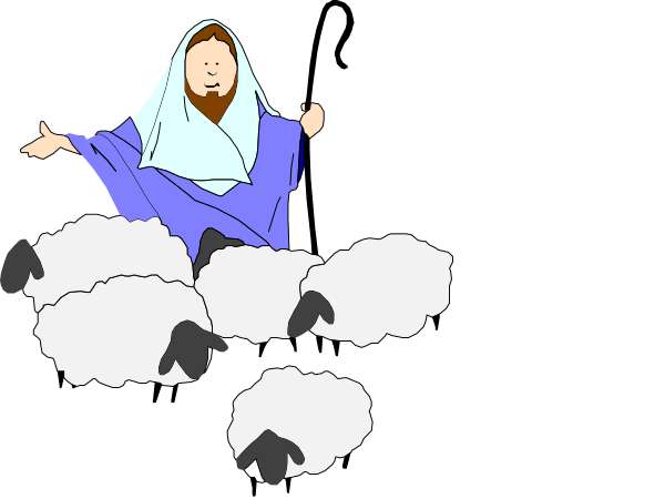 The cartoon shows two figures resembling Jesus Christ with sheep around them; both characters have long hair and beards, one is on a cloud of white fluffy clouds while the other stands in front holding out his hand as if offering something to those below him.