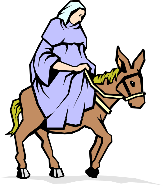 The illustration shows a person riding on top of an animal that appears to be either a horse or donkey with reins in hand while standing still against a dark background.