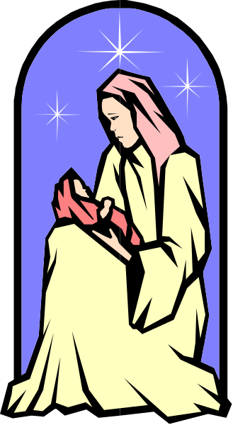 The image shows a stained glass window with an illustration of Mary holding baby Jesus inside it.