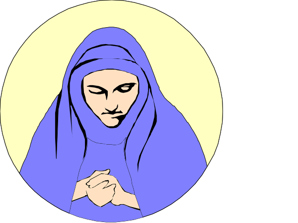 The image shows two circular illustrations of a person praying with hands clasped together inside what appears to be an oval frame; one is in blue tones while the other has black-and-white shades, both depicting religious iconography commonly associated with Christian art and symbolism.
