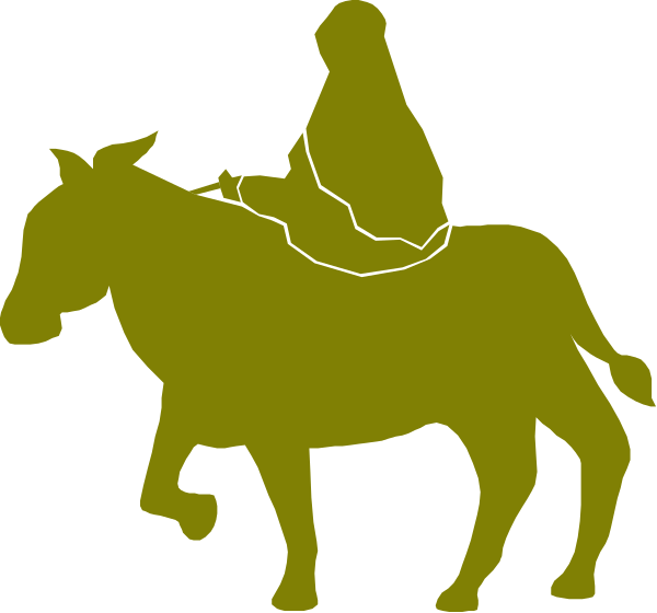 The image shows a black silhouette of an adult riding on top of what appears to be a horse with two legs visible in front; there is also another smaller figure that seems like it could represent either a child, animal, or object being carried by the rider and one more small human-like shape at bottom right. The background is black without any distinguishable features.