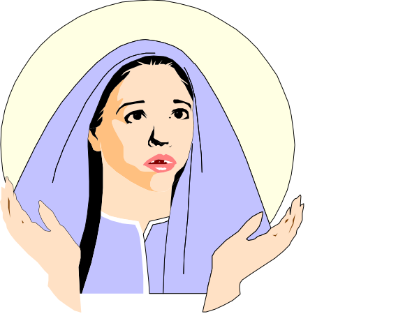 The image shows two cartoon representations of a person with their hands clasped together as if praying under what appears to be an illustration of Mary's face on either side.