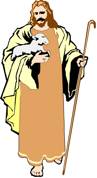 The image shows a cartoon of Jesus Christ holding two sheep with his left hand while standing on clouds; he is wearing robes and has long hair.